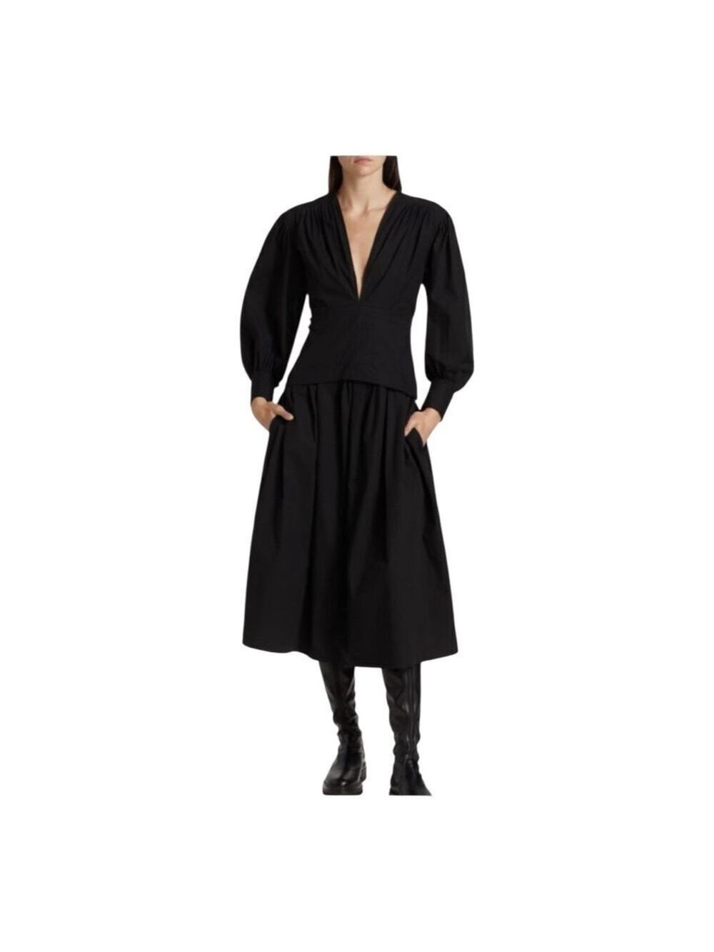 Proenza Schouler Black Poplin Long Sleeve Midi Dress Size 0
